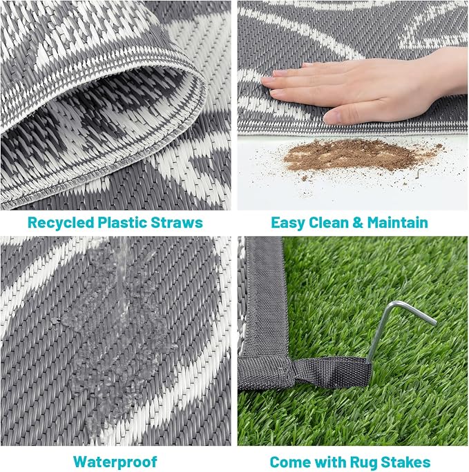HEBE Waterproof Outdoor Rug 9x12 for Patios, Floral Reversible Plastic Straw Rug Patio Mat, Indoor Outdoor Carpet RV Mat Camping Rug for Deck, Camper, Porch, Balcony, Backyard, Picnic