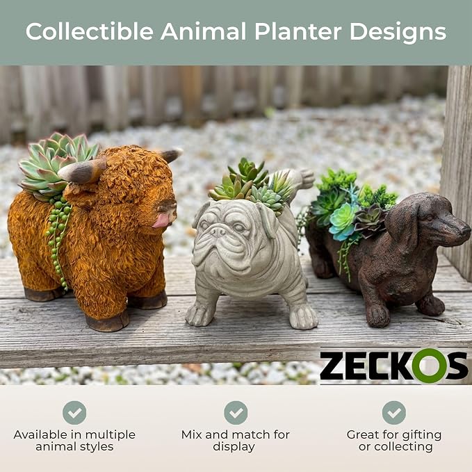 Zeckos Bulldog Planter, Antique Stone Finish Magnesium Oxide Freestanding Dog Planter, 11 Inch Tall Decorative MGO Animal Planter with Drain Hole for Indoor Display and Decor