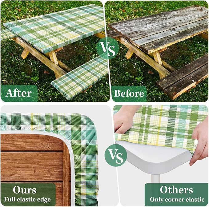 Picnic Table Cover with Bench Covers Elastic Edges, Green Camper Fitted Table Cover, Outdoor Patio Camping Essentials 72 Inch 3PCS, Waterproof Camping Fitted Tablecloth with Drawstring Bag