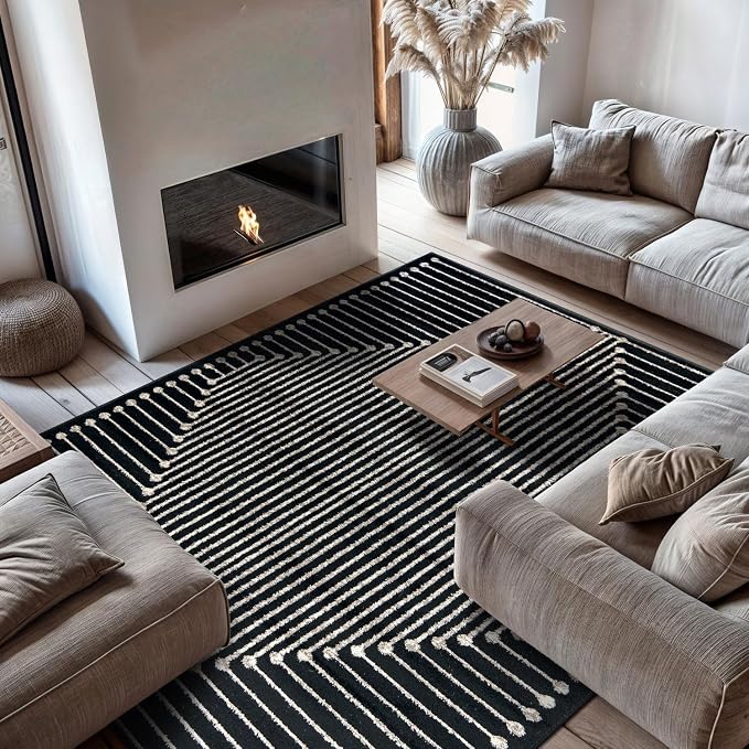 Rugshop Contemporary Bohemian Stripe Area Rug 7'10" x 10' Black | Jute Backing, Soft Medium Pile, Stain Resistant, No Shedding, Living Room, Dining Room, Family Room, Great Room, Basement
