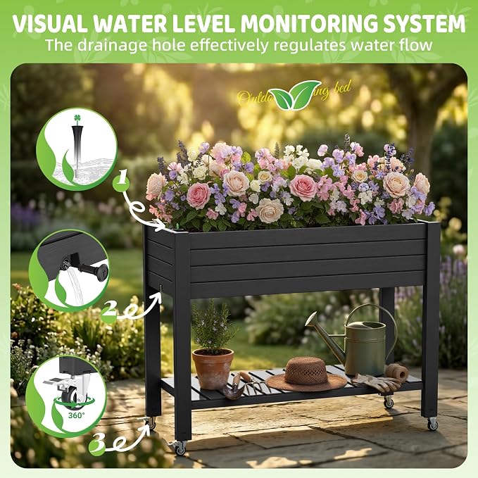 Vixzen Raised Garden Bed Outdoor,Reinforced Large Planter Box with Wheels & Storage Shelf,Mobile Planter Bed Box for Backyard, Patio, Balcony (Black, 21Gal（43.31"×17.72"×33.66"）)