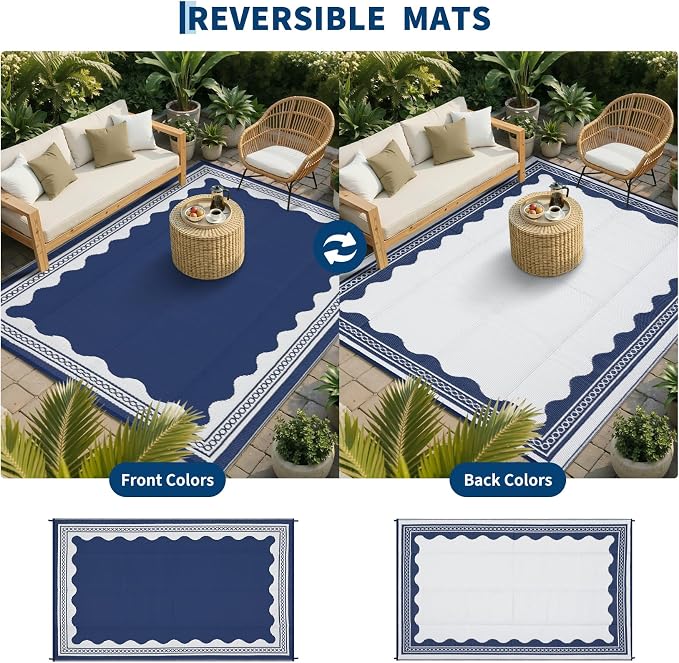 Garvee Outdoor Rug 6x9 Scalloped Waterproof Patio RV Outdoor Rugs Reversible Foldable Plastic Straw Rug Modern Camping Carpet for Deck Camper Porch Balcony Backyard Picnic Beach Dark Blue