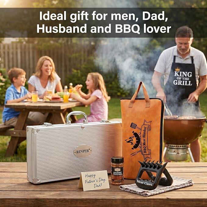 RINPIR 21pcs BBQ Grill Accessories Set with 21” Reusable Meat Blanket, Father’s Day Grilling Gifts for Men Dad, Stainless Steel Grilling Tools Utensils Kit in Aluminum Case for Outdoor Camping Black