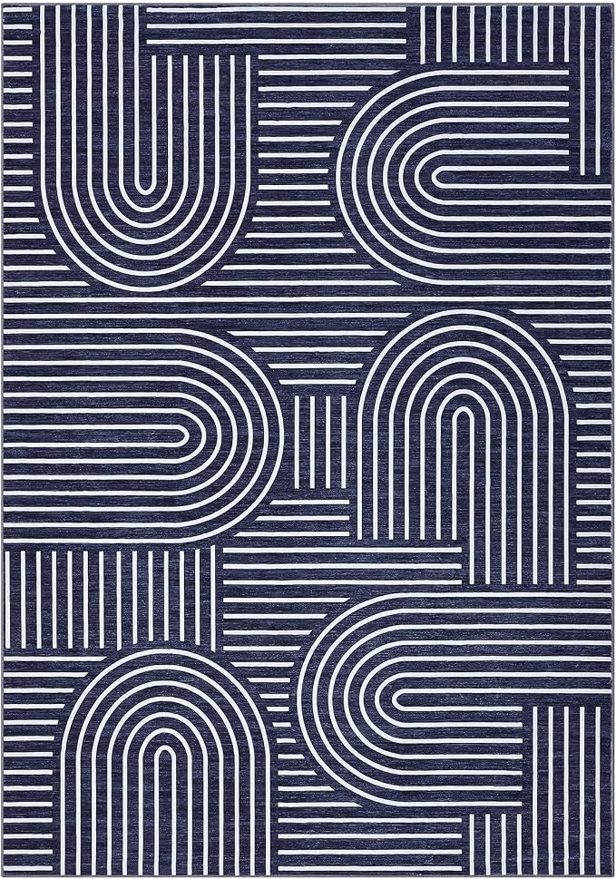 ROYHOME Modern Washable Rug 5x7 Area Rugs for Living Room Non Slip, Blue | Abstract Rug for Bedroom, Rainbow Throw Rugs with Rubber Back, Low Pile Stain Resistant Boho Geometric Carpet for Dining Room