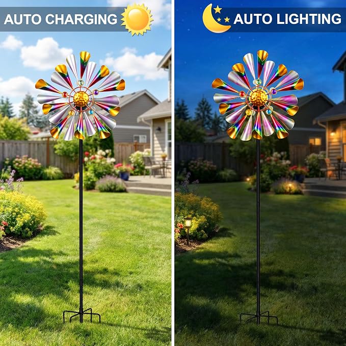 Solar Wind Spinner Outdoor Metal Garden Decor with Color LED Glass Ball | Kinetic Metal Wind Spinner Creates Colorful Yard Art With A Glowing Crackle Glass Ball For Garden, Patio, Lawn And Pathway