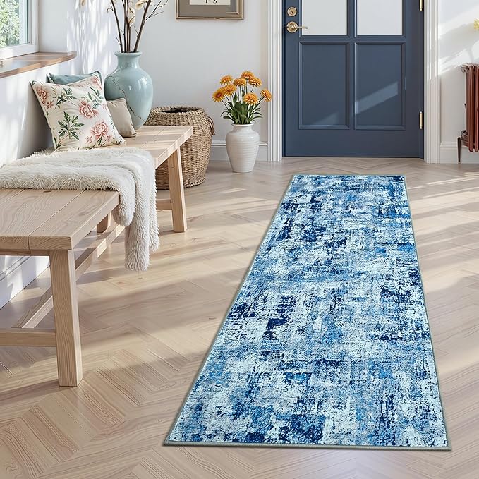 Toneed Washable 2x6 Non-Slip Abstract Runner Rug for Hallway Kitchen | Soft Modern Low Pile Area Rugs for Bedroom Laundry Living room,Indoor Carpet for Bedside Home Decor, Denim Blue