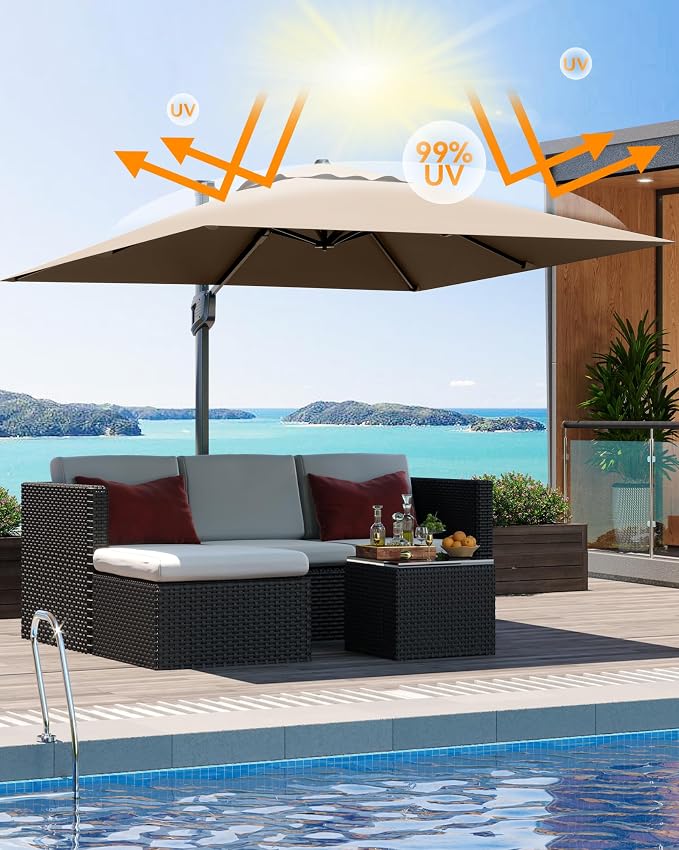 PeakPursuit 10' x 10' Square Cantilever Umbrella - Heavy Duty Aluminum Patio Sun Shade Offset Umbrella with 360-Degree Rotation for Outdoor Decor, Backyard, Deck, Pool