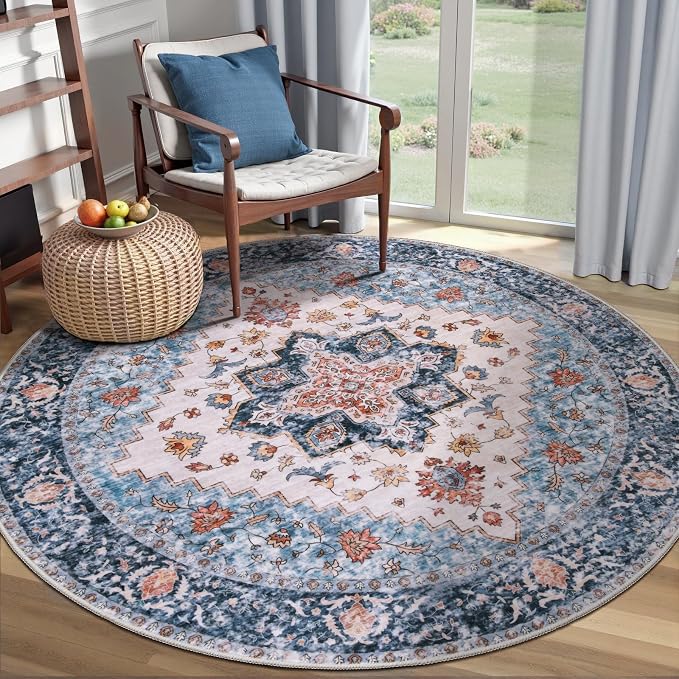 SERISSA 4ft Washable Non Slip Round Boho Area Rug for Bedroom，Blue Orange | Ultra Soft Vintage Oriental Carpet Low-Pile Tribal Circular Indoor Mat for Entryway Kids Room College Dorm Living Room