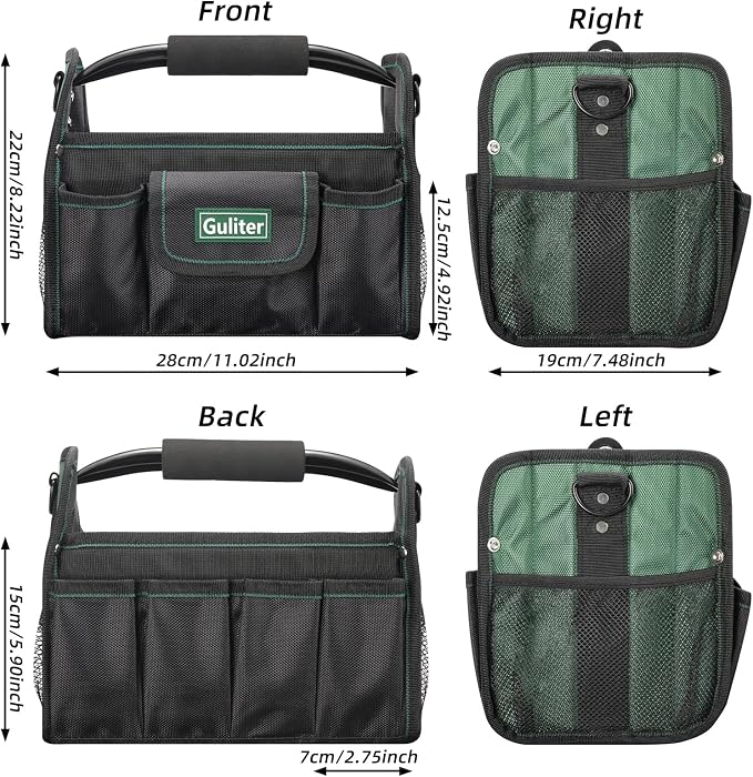11 Inch Small Tool Bag, Open Top Tool Tote with Stainless Steel Handle and Adjustable Shoulder Strap,21 Pockets Electrician Tool Bags,Black/Green