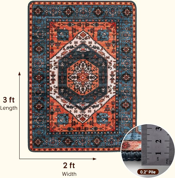 LBRO2M Machine Washable Rug Soft Pet Friendly Carpet 2X3 Rust Teal | Persian Rug 2X3 for Entryway, Kitchen, Bathroom Non Slip Carpet, Foldable Stain Resistant Rugs
