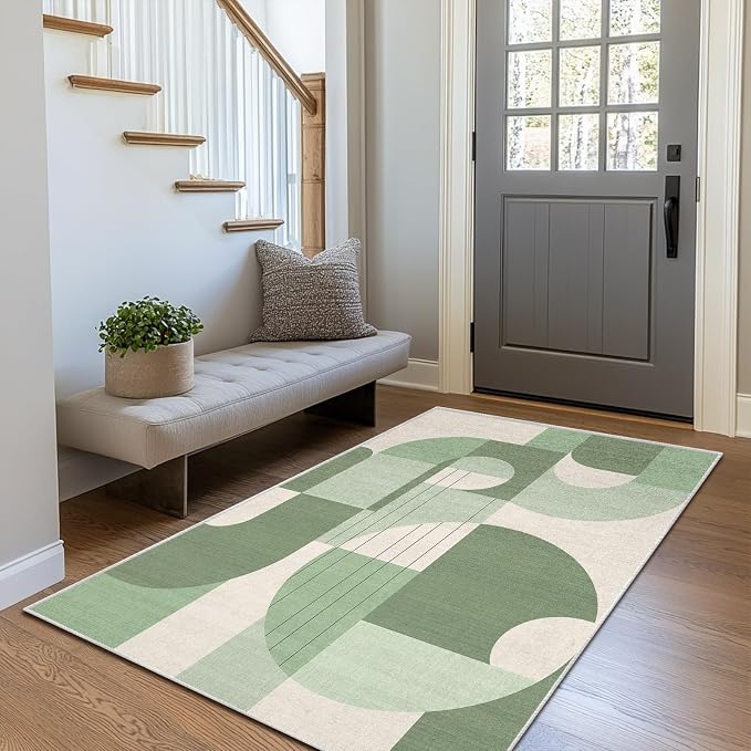 3x5 Green and White Geometric Boho Area Rug for Bedroom Entryway Hallway Abstract Rug Machine Washable Non-Slip Carpet for Bathroom Kitchen Bedside Living Room