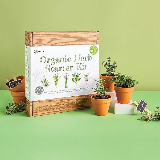 Buzzy Seeds Organic Herb Garden Kit 9-Pack - Mini Terracotta Pot Grow Set - Complete Indoor/Outdoor Gardening Kit with Seeds, Coconut Husk Growing Medium & Genuine Pots - 100% Grow Guarantee