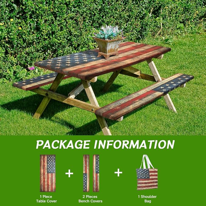 American Flag Picnic Table Cover with Bench Covers and Carrying Bag, Wooden Planks Texture Rectangle Table Cover, Outdoor Patio Camping Essentials 6FT 4PCS, Camping Fitted Tablecloth