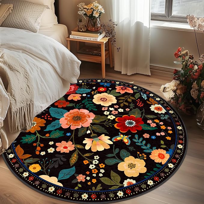RELEANY Floral Washable Round 6ft Area Rug Black | Flower Carpet, Print, Boho, Non-Slip, Easy to Clean, Soft, Low Pile for Living Room Bedroom Kitchen Office Entryway Hallway