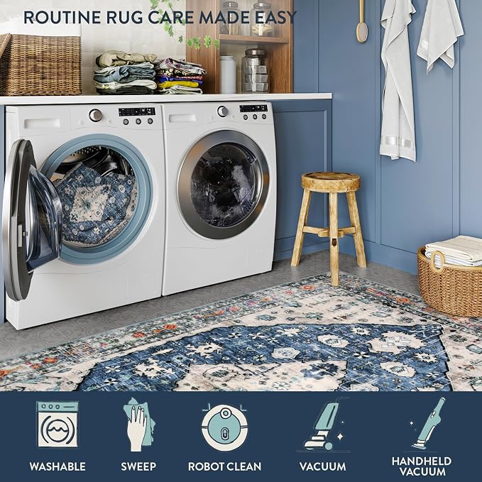 Lahome Felice Boho Tribal Runner Rug - 2x8 Blue Washable Runners for Hallways Bathroom Rug, Oriental Soft Non Slip Low Pile Pet Friendly Kitchen Mat Carpet Runner for Apartment Bar Hall Front Door