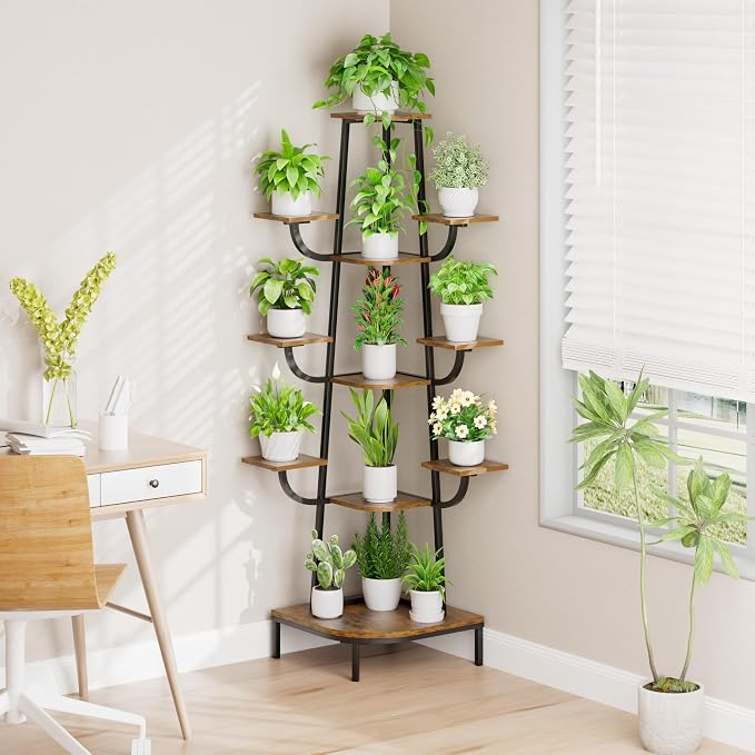 LATIBELL Corner Plant Stand Indoor with Grow Light, 72'' Tall Plant Shelf for Indoor Plants, 8 Tiered Metal Tree-Shaped Display Capable of Holding Large Pots for Home, Patio and Balcony, Black