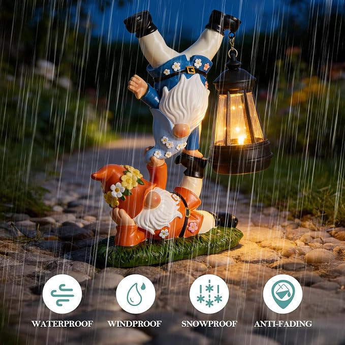 WDS WONDROUS Solar Garden Gnome Statue Decor with LED Lights Gnome Decorations for Outdoor Yard Patio Lawn Balcony Decor Birthday Gift for Woman Grandma Outside Garden Statues & Sulptures