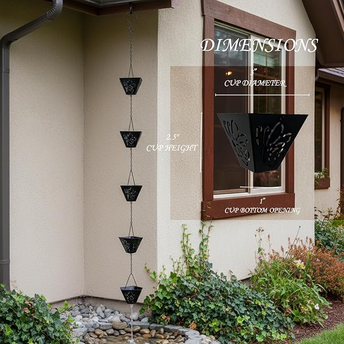 8.5 Ft Black Butterfly Rains Chains,Apply Rain Chains for Gutters Outdoor | Replaces the Traditional Drainage Ditch, Ensuring Smooth Water Flow, Uniform Cup Mouth Size, Rust Prevention, Durability