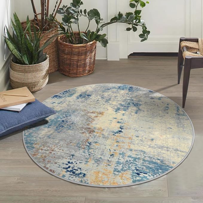 Lahome Modern Abstract Round Rug 3Ft, Blue Washable 3x3 Circle Rugs for Kitchen Entryway Soft Small Bedroom Mat Non Slip, Contemporary Indoor Floor Throw Carpet for Nursery Home Office