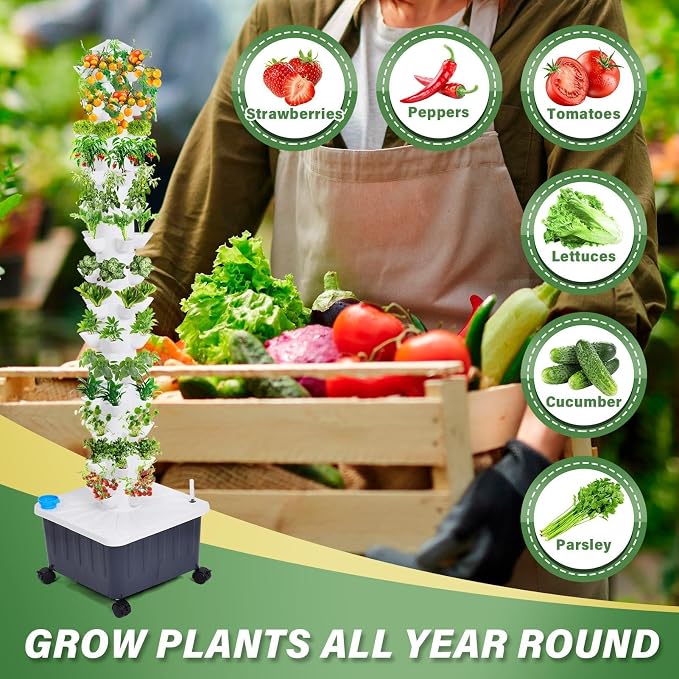 Vertical Hydroponic Grow Tower, 14-Layer 70 Slots Indoor Garden Tower with Movable Water Tank Hydrating Pump, Adapter Hydroponics Growing System Kit for Leafy Vegetables, Strawberries