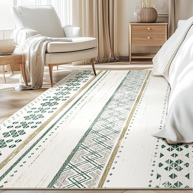 8x10 Washable Area Rugs for Living Room Boho Bedroom Rug Green/Brown | Vacuum Friendly, Machine Washable, Non-Slip Rug, Stain Resistant, Moroccan Geometric, Low Pile Carpet, Dining Room Kitchen