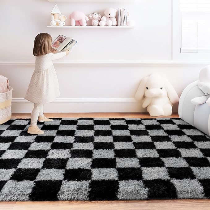 Checkered Rug 9x12 for Living Room, Ultra Fluffy Fuzzy Shag Black and Grey Large Area Rug for Bedroom, Modern Plush Soft Upgrade Non-Slip Carpet for Kids Girls and Boys Room Dorm Home Decor