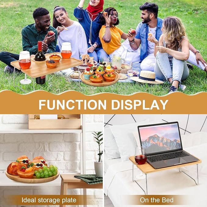 Willinglong Picnic Foldable Wine Table with Bamboo Plate Kit, Handmade Handle Portable Bamboo Tray Table with Food Plate for 2 Outdoor Camping Picnic Wine Set Gift for Couples