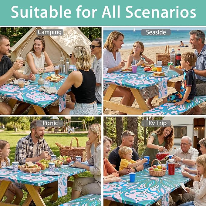 Fitted Waterproof Picnic Table Cover with Bench Covers Elastic Polyester 96in Camping Tablecloths for 8Foot Rectangle Tables Summer Fall Glamping Roadtrip Stuff Festival Vacation Items Gift