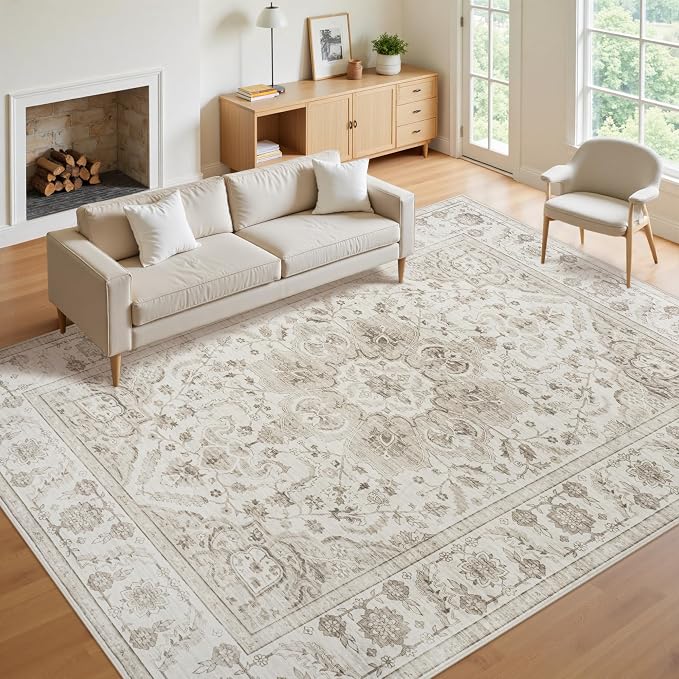 Washable 9x12 Area Rugs for Living Room Beige White Non-Slip Rug | Vintage Medallion Rug，Soft Low Pile Large Rugs，Indoor Retro Carpet for Bedroom Nursery Dining Table Farmhouse Home Office