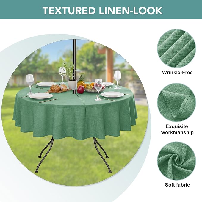 LUSHVIDA Outdoor Tablecloth with Umbrella Hole - Patio Table Cloth Zippered Round 60 Inch, Sage Green Linen-Look Polyester Table Cover Water Resistant for Picnic Outside