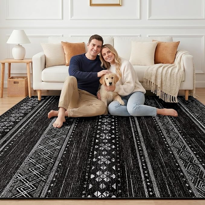 9x12 Washable Area Rugs for Living Room Boho Bedroom Rug Black/White | Vacuum Friendly, Machine Washable, Non-Slip Rug, Stain Resistant, Moroccan Geometric, Low Pile Carpet, Dining Room Kitchen