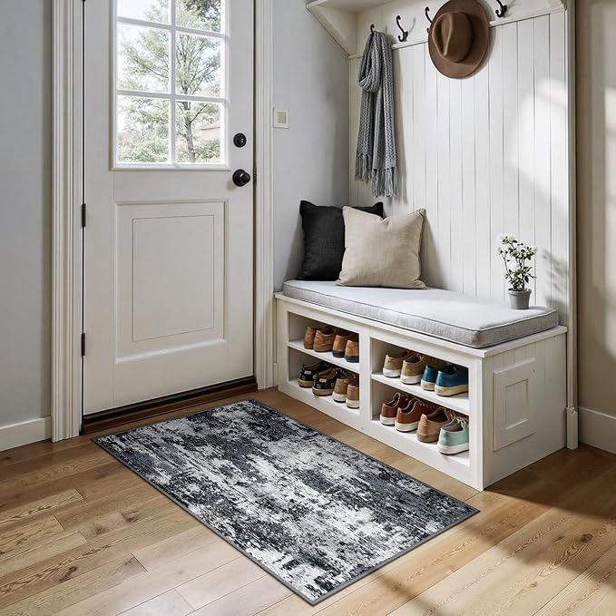 RELEANY Washable 2'x4' Abstract Area Rug for Living Room Black White | Carpet for Bedroom, Kitchen, Office, Hallway and Entryway, Printed Pattern, Non‑Slip, Soft, Stain‑Resistant, Easy to Clean