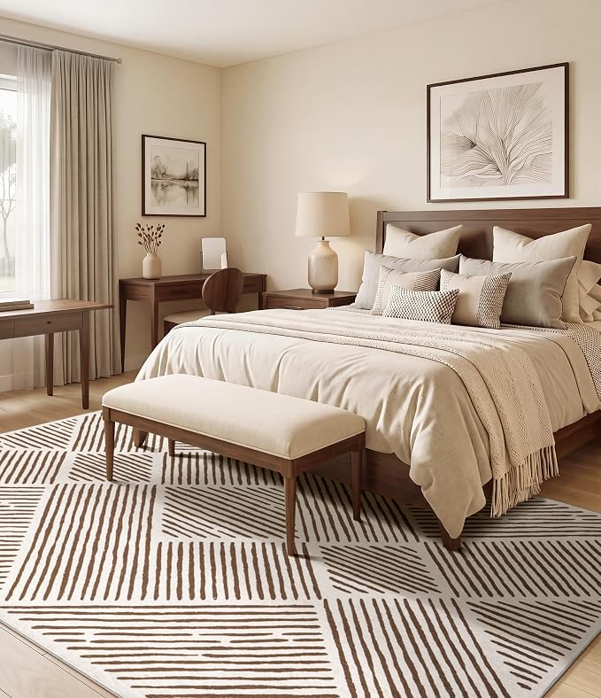 5‘x7' Washable Brown and Cream Area Rug for Living Room | Non-Slip, Soft, Low Pile, Stain Resistant, Large Farmhouse Geometric Stripe Tan Rug for Bedroom Dining Room