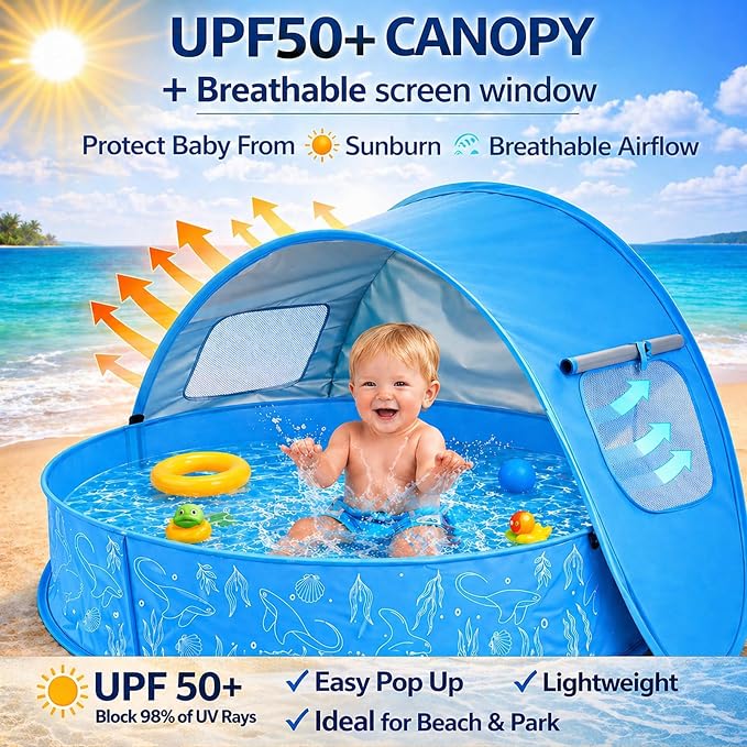 Kids Pool with Canopy, Foldable Pop Up Kiddie Pool with Shade, 35.4 Inch | Includes Carrying Bag, Portable for Backyard and Beach Water Play, Suitable for Kids