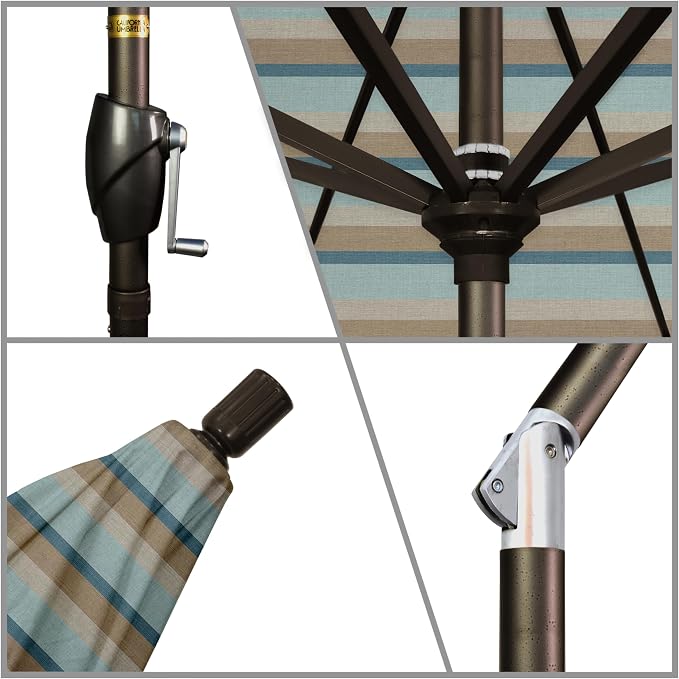 California Umbrella 9' Round Aluminum Market Umbrella, Crank Lift, Push Button Tilt, Bronze Pole
