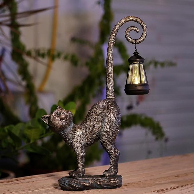 Halloween Decorations Gifts Outdoor Cat Garden Statues with Solar Lights, Home Decor Cat Figurines for Lawn,Patio,Balcony,Porch,Yard Art Ornament- Birthday Gifts for Women Grandma Sister