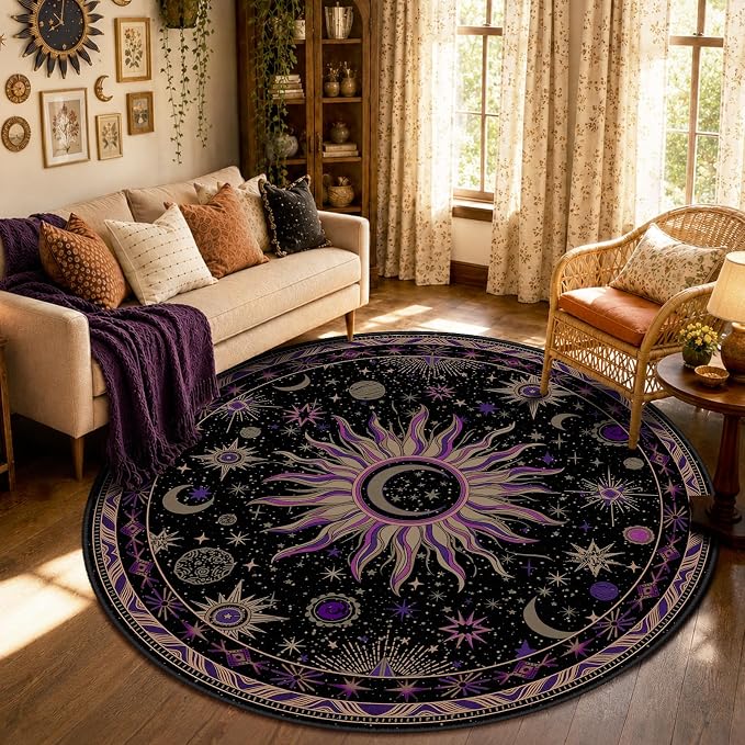Vacuum-Friendly, Round 6ft Washable Area Rug, Black Purple Beige | Sun and Moon Boho Gothic Non-Slip Low Pile Living Roon Bedroom Dining Room Kitchen Entry Entryway Entrance Hallway Doormat