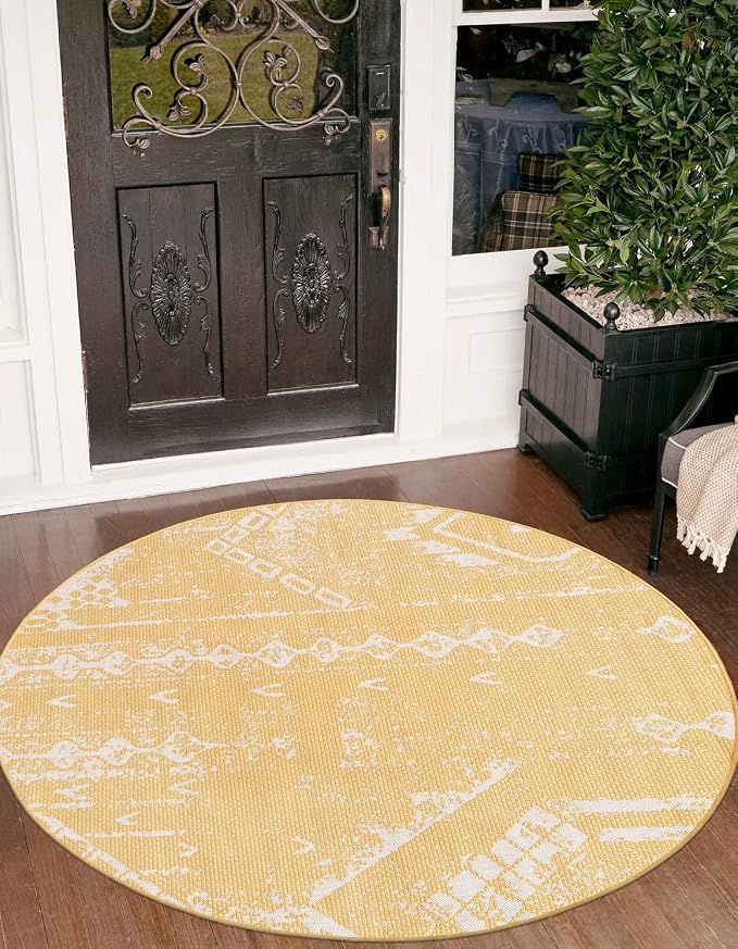 Unique Loom Outdoor Bohemian Collection Area Rug - Anthro (10' 8" Round Yellow/Ivory)