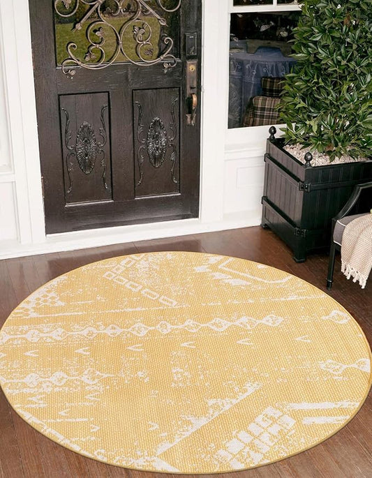 Unique Loom Outdoor Bohemian Collection Area Rug - Anthro (10' 8" Round Yellow/Ivory)
