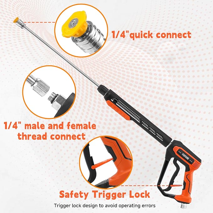 FIXFANS Pressure Washer Gun and Hose Kit, 50 FT High Power Washer Hose with Replacement Wand Extension, 5 Nozzle Tips, M22 Fitting