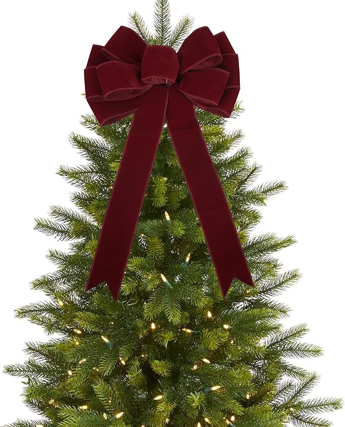 13" Dark Red Bow Pre-Tied Bow for Christmas Tree, Burgundy Velvet Ribbon Bows for Wreaths, Premade Tree Toppers Bows for Gift Wrapping, Party Favor, Christmas Home Indoor Outdoor Decor-1 PCs
