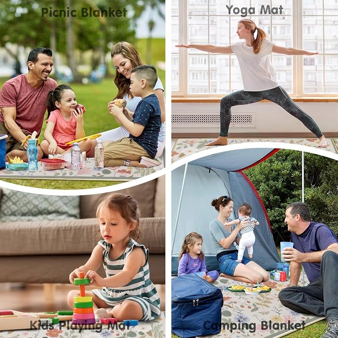 Picnic Blankets Waterproof Foldable Extra Large, 80"x 80" Outdoor Beach Blanket Sandproof, 3-Layer Lightweight Handy Mat Tote Picnic Camping Rugs for Outside Your Rv