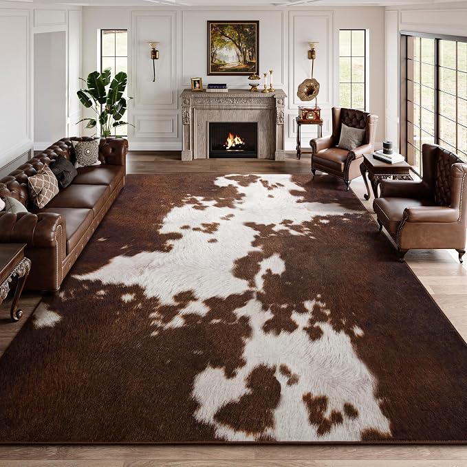 DweIke Cow Print Rugs for Living Room, 8x10 Large Soft Faux Animal Cowhide Area Rug, Washable Non-Slip Stain Resistant Throw Carpet for Dining Room Office Western Home Decor, Red Brown