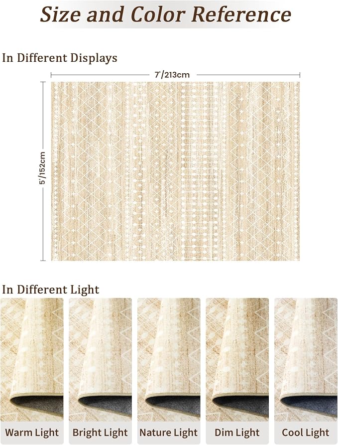 Miukiki 5x7 Washable Area Rug for Living Room, Soft Non Slip Rug Beige | Non-Slip Thin Throw Rug for Bedroom Kitchern Dining Room Office, Low Pile Indoor Floor Carpet with Vintage Pattern 5'x7'