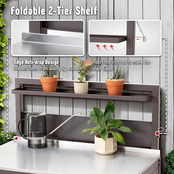 Feasto Outdoor Potting Bench Table with Storage Cabinet, Brown | Stainless Steel Garden Workstation, Raised-Edge Top, Adjustable Shelf & Removable Hutch, Patio, Balcony & Outdoor Workspace