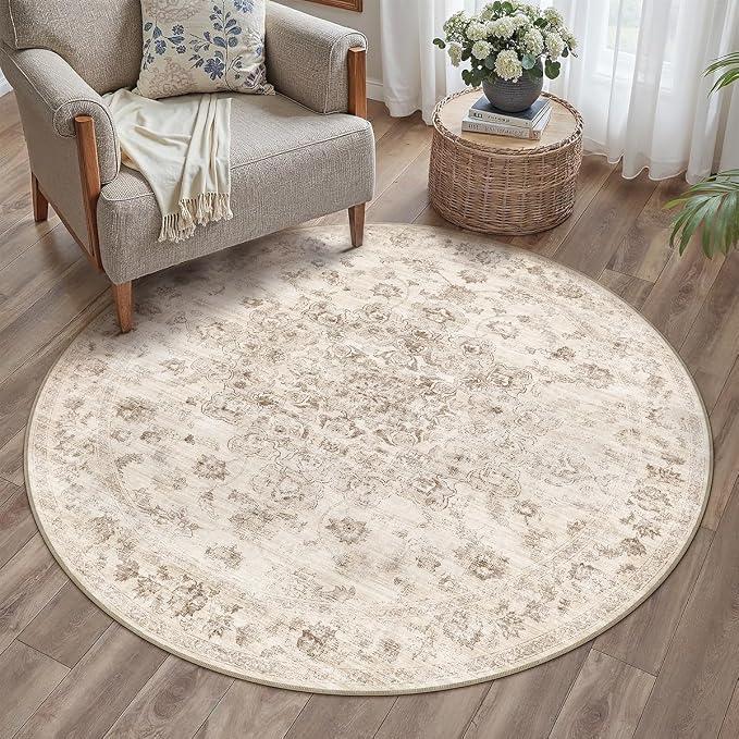 3x3 Beige Neutral Round Rug | Washable, Non Slip, Soft Low Pile, Vintage Farmhouse, for Dining Room Office Entryway Living Room Bedroom Indoor Home Decor