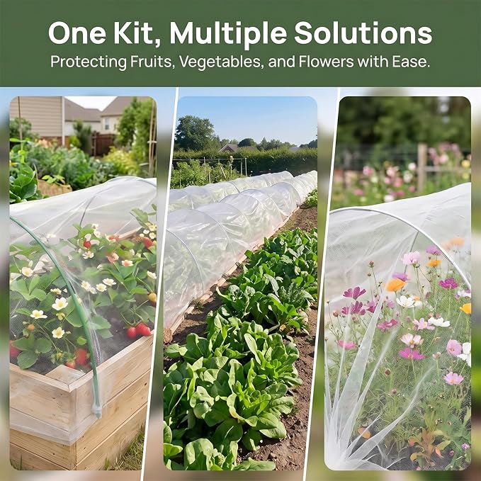 Garden Netting Kit for Raised Beds, 10x30FT Ultra Fine Mesh Netting & 5 Sets Garden Hoops with 18 Clips, Greenhouse Row Cover Net for Vegetable Fruits Flowers Barrier