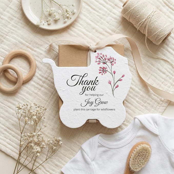 12pcs Pink Carriage-Shaped Gift Tags with Wildflower Seeds - Writable Gift Wrap Tags for Baby Showers, Mother's Day Present, Party Favors, DIY Crafts, & Earth Day Decorations