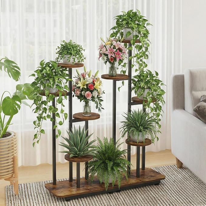 8-Tier Plant Stand Indoor, Plant Stands for Indoor Plants Multiple, Corner Plant Shelf for Living Room, Tiered Plant Holder, Metal Plant Table | Sturdy wood structure, space-saving corner design. Multi-layer rack holds multiple potted plants,ideal for ...