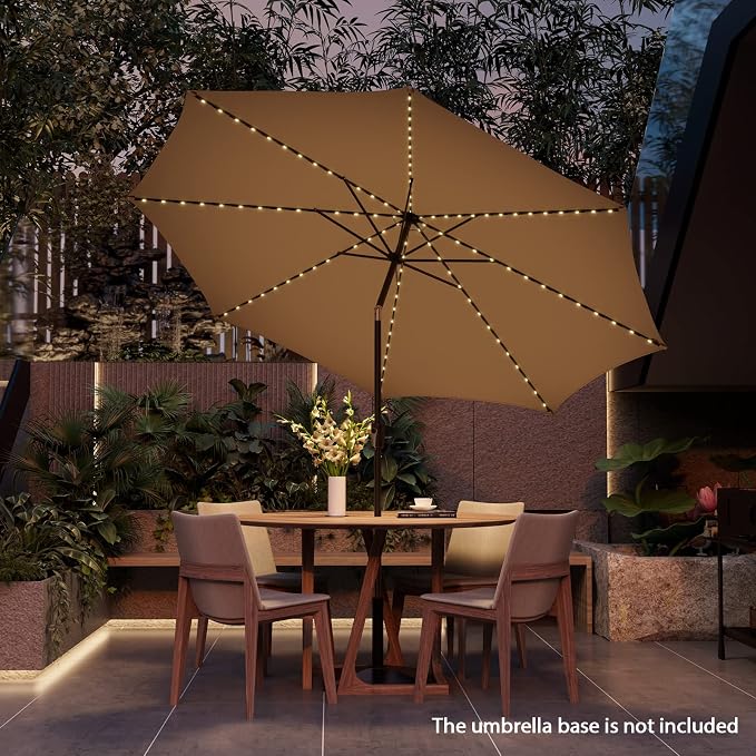 HAPPYGRILL 10 FT Solar Patio Umbrella with 112 LED Light, Outdoor Umbrella with Tilt Adjustment, Crank System, 8 Metal Ribs & Vented Top, Deck Table Market Umbrella for Garden Pool Deck Yard